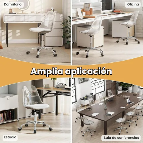Vista 9 de GIANTEX Juego de 2 sillas de escritorio de acrílico transparente, modernas sillas de oficina en casa con cojín y ruedas de piel sintética, silla
