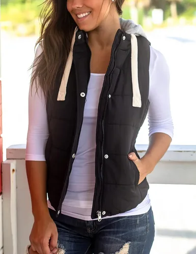 Vista 5 de Chaleco Yeokou acolchado para mujer, para invierno, con capucha extraíble, sin mangas y entallado