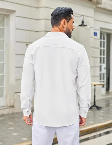 Vista 56 de COOFANDY Camisa de vestir casual de mezclilla con botones y manga larga para hombre
