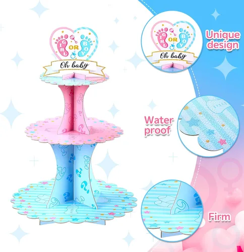 Vista 3 de Decoración de soporte para cupcakes para fiesta de revelación de género, azul y rosa de 3 niveles para baby shower, suministros de cartón para niños