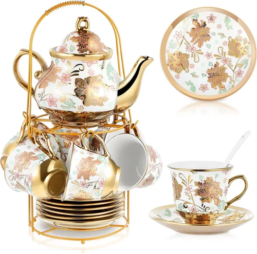 Vista 8 de Zhehao Juego de té de porcelana de 20 piezas con soporte de metal y cuchara para adultos, juego de té de cerámica para adultos, pintura de flores