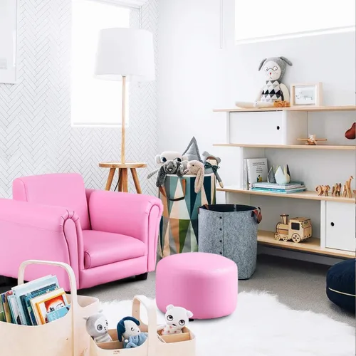 Vista 4 de Costzon Sofá para niños con reposapiés, sofá para niños con ASTM y CPSIA con superficie de piel sintética, mini reposabrazos, sofá suave para niños