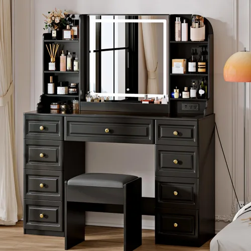 Vista 4 de 43" Lighted Makeup Vanity Set w/9 Drawers & Shelf, Padded Stool, Black
