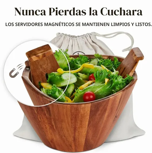 Vista 3 de Night Tree Ensaladera grande de madera con tenedores para servir, juego de ensaladera de madera para alimentos o frutas, utensilios magnéticos aptos