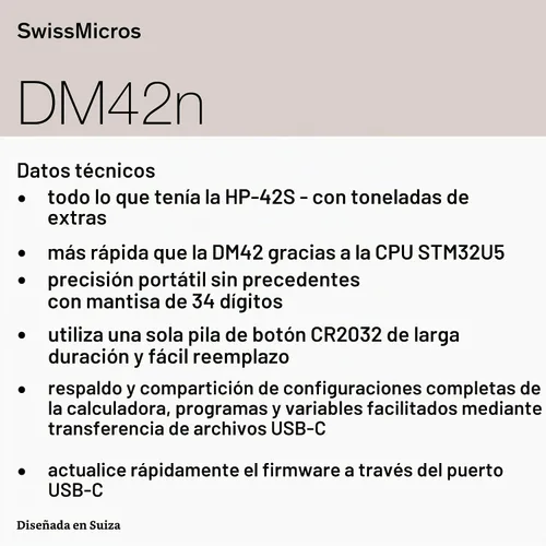 Vista 7 de SwissMicros Calculadora RPN DM42n: software HP 42S, carcasa de acero inoxidable 316L, precisión de 34 dígitos y solucionador de matriz