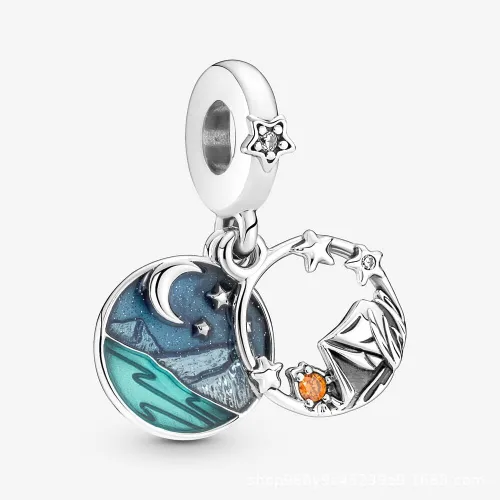 Vista 5 de Acampar cielo nocturno doble colgante encanto 925 colgante de plata esterlina, joyería niña cuentas regalos para mujeres pulsera y collar A0109