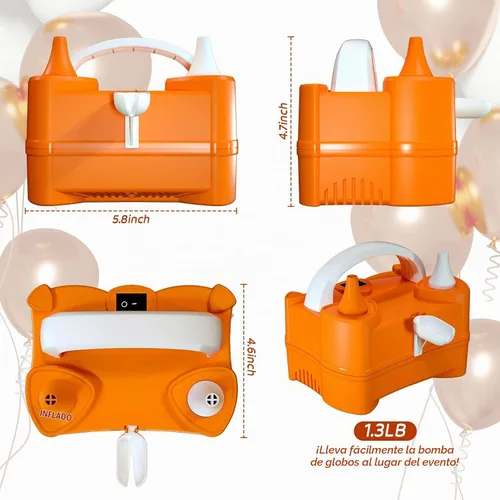 Vista 5 de Electric Balloon Pump for Party Decorations – Portable Inflator, Auto Shutoff, Balloon Air Pump Dual Nozzle Rose Red 110V 600W Naranja