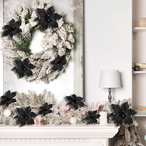 Vista 4 de WILLBOND 36 piezas de flores de Pascua navideñas de 3 tamaños para árbol de Navidad, flores falsas con purpurina, decoración, adornos de flor