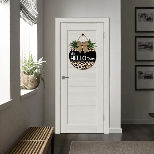 Vista 2 de Letrero con texto en inglés "Hello There" para puerta delantera, letrero de bienvenida para puerta de entrada, corona de madera redonda rústica