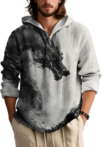 Vista 6 de Sudadera con capucha con estampado novedoso para hombre, multiestilo, manga larga, casual, con botones de un cuarto