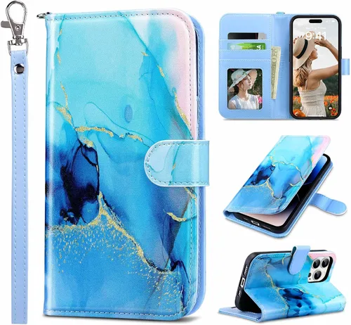 Vista 27 de ULAK Funda tipo cartera compatible con iPhone 15 Pro con tarjetero y diseño de flores, para mujeres y niñas, piel sintética, con función atril