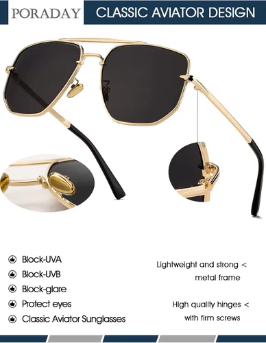 Vista 6 de PORADAY Gafas de sol cuadradas de aviador para hombres y mujeres estilo militar marco de metal gafas de sol degradadas protección UV400