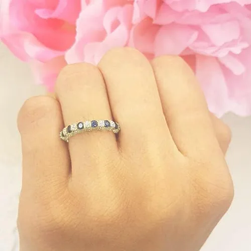 Vista 2 de Anillo de boda apilable de oro de 14 quilates con zafiro azul y diamante blanco, Piedra Oro, Zafiro