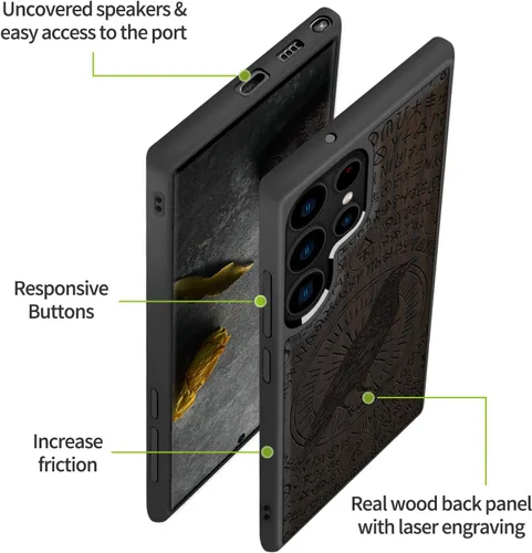 Vista 6 de Carveit Funda de madera para Galaxy S22 Ultra [madera natural y TPU suave negro] a prueba de golpes, diseño único de madera compatible con Samsung
