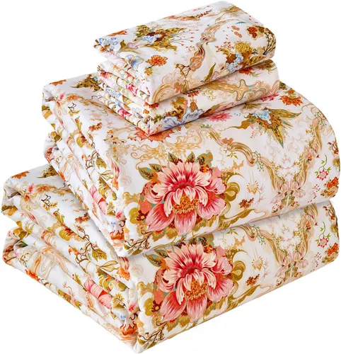 Vista 50 de Zusbest Juego de sábanas florales de 100 % algodón percal, color naranja y amarillo, juego de sábanas suaves y transpirables con diseño botánico