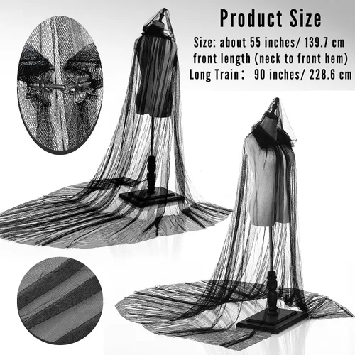 Vista 4 de Hercicy Capa de encaje de Halloween de longitud completa con capucha, capa gótica de bruja transparente para cosplay, disfraz de vampiro, boda