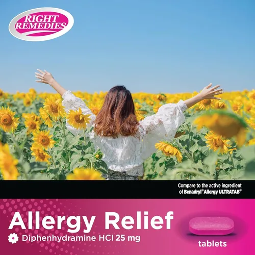 Vista 3 de RIGHT REMEDIES Antihistamínico para aliviar la alergia, difenhidramina HCl 25 mg, (600 unidades), en comparación con la marca nacional de ultratabs