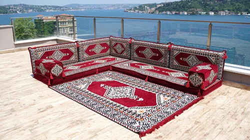 Vista 3 de arabicsofa Juego de sofá de piso árabe granate en forma de L - Majlis modular hecho a mano con asientos bajos