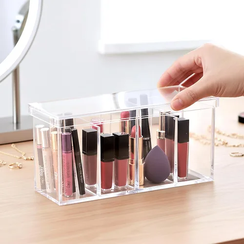Vista 3 de Amazing Abby - Qutie - Organizador de maquillaje acrílico de 4 compartimentos con tapa, organizador de tocador de baño de plástico transparente