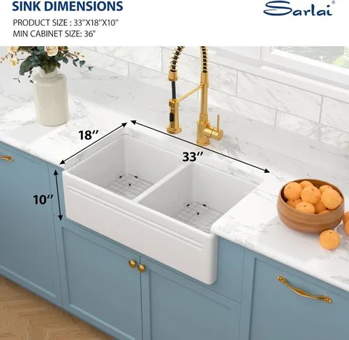 Vista 3 de Sarlai Fregadero de cocina de 33 x 18 pulgadas, color blanco, fregadero de cocina de 33 x 18 pulgadas, cuenco doble frontal 50/50 de porcelana