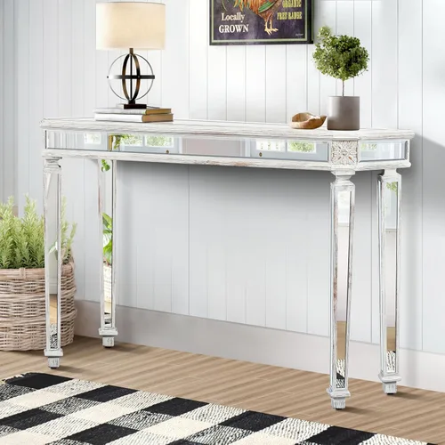 Vista 31 de Mesa Consola Negra con Espejo, Mesa de Sofá de Cristal Rectangular de 48 pulgadas con Elementos Tallados Vintage con Espejo, Muebles de Espejo