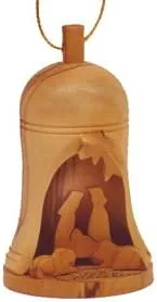 Vista 2 de Holy Land Imports 4 adornos navideños de campana de madera de olivo de Belén