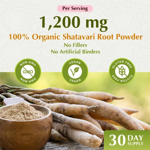 Vista 3 de Jiva Botanicals Shatavari Cápsulas para mujeres – 1,200 mg de polvo orgánico Shatavari para el equilibrio hormonal, salud reproductiva de la mujer