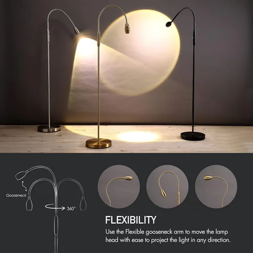 Vista 5 de O’Bright Ray – Lámpara de pie ajustable con haz LED, foco regulable y con zoom, cuello de cisne flexible, lámpara de pie para lectura/manualidades