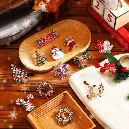 Vista 5 de 16 Pcs Christmas Brooches for Women Christmas Brooches and Pins Xmas Rhinestone Crystal Set Vintage Snowman Star Garland Reindeer Bells Tree Mixed