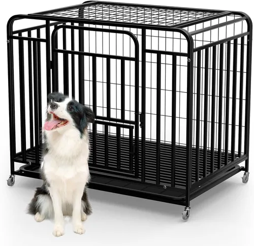 Vista 9 de Jaula resistente de 42 pulgadas para perros extragrandes, de acero a prueba de escapes, con ruedas bloqueables y puertas dobles, jaula XXL