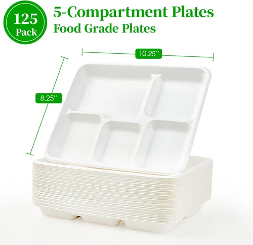 Vista 3 de ECOLipak Platos 100% compostables de 5 compartimentos, paquete de 125 platos de papel desechables, platos de caña de azúcar biodegradables de alta