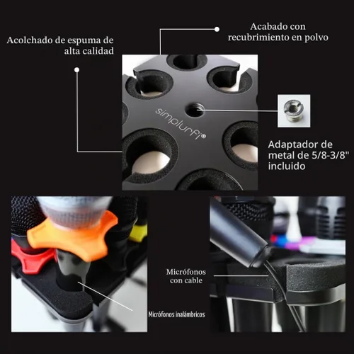 Vista 4 de Soporte Múltiple para Micrófonos con Soporte de Micrófono de Escritorio - Accesorio de Bandeja Cuadrada sostiene hasta 8 micrófonos Organizador