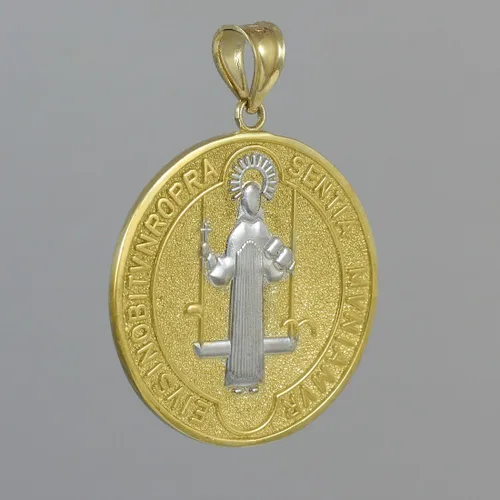 Vista 4 de Milagrosa Medalla de San Benito 14K Two-tone Moneda de oro colgante (Tamaño Grande)