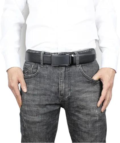 Vista 2 de Cinturón de vestir ajustable con trinquete para hombre, cuero negro, ribete para adaptarse