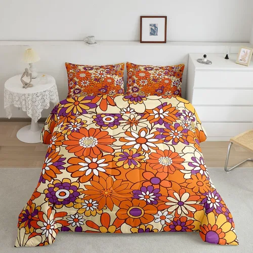 Vista 12 de Juego de ropa de cama con estampado floral bohemio, tamaño individual, diseño retro de flores groovy, 60S y 70S, juego de edredón de flores hippie
