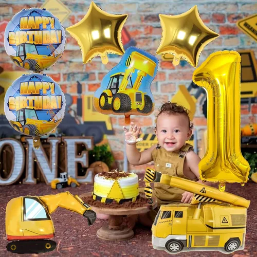Vista 2 de Globos de construcción para el primer cumpleaños, 9 globos dorados de 40 pulgadas con el número 1 para excavadora grande, camión volquete, grúa
