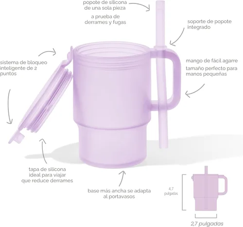 Vista 6 de Olababy Vaso de silicona para niños pequeños con asa y pajita, arándano, 11 Azul (Arándano)