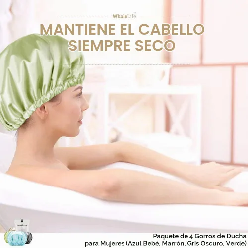 Vista 3 de Gorro de ducha para mujer, reutilizables, extra grandes, para hombres, de satén, de doble capa, EVA, impermeable, gorro de pelo largo