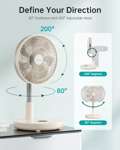 Vista 6 de TriPole Ventilador de Pedestal Plegable de 12" Portátil Recargable con Batería con Control Remoto, Configuración de Temporizador, Altura Ajustable