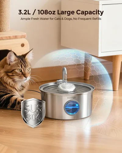 Vista 3 de Invengo Fuente de agua para gatos de acero inoxidable, fuente para mascotas de 108 oz/3.2 L con gran ventana de nivel de agua, dispensador