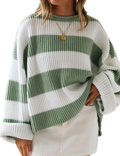 Vista 48 de ZESICA Suéter tejido sin botones de manga larga y cuello redondo, a rayas, bloques de color, cómodo, holgado, talla extragrande para mujer de 2024