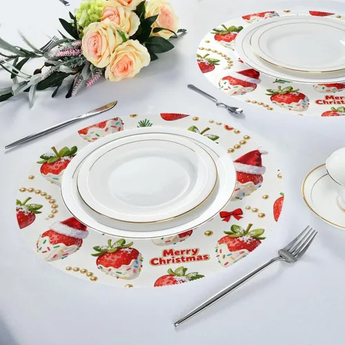 Vista 5 de Merry Christmas Red Strawberry Round Place mat Christmas Reversible Quilted placemat individuales para mesa de comedor Rose Gold 15.4x15.4in Set of 6