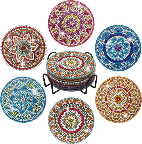 Vista 15 de Temlum 6 posavasos de pintura de diamante con soporte, kits de posavasos de arte de diamante para principiantes, kit de pintura de diamantes