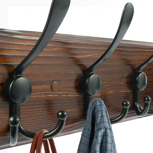 Vista 3 de Perchero de pared rústico para sombreros de 16.8 pulgadas con 5 ganchos triples para colgar abrigos, bolsos, toallas