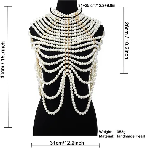Vista 8 de Collar de chal de cadena de cuerpo de perlas, sujetador de perlas, cadena de hombro con cuentas sin espalda, cadenas en el pecho, traje rave