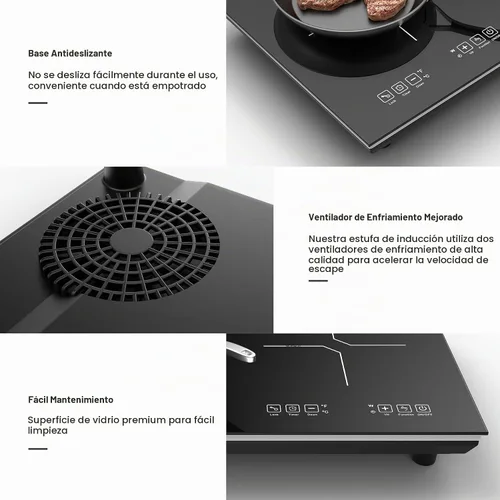 Vista 8 de VBGK Placa de cocción de doble inducción, quemador eléctrico de 110 V 4000 W, placa caliente de 2 quemadores con sensor LED táctil, ahorro
