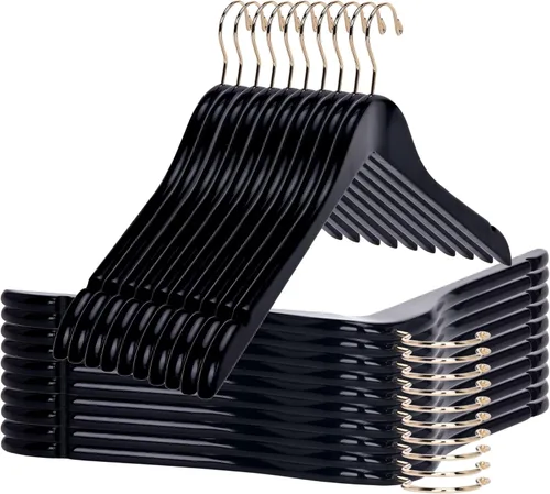 Vista 16 de Perchas de madera semicurvada negra de calidad, paquete de 10 perchas de madera maciza con acabado liso con gancho giratorio, chaqueta, pantalón