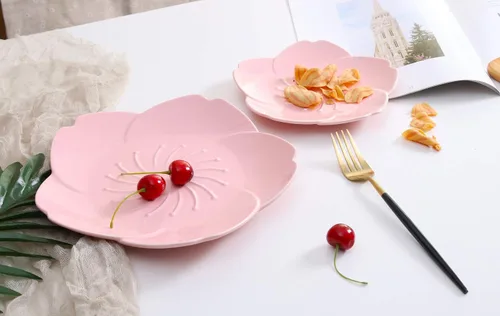 Vista 3 de Jusalpha Juego de platos de vajilla de 3 piezas de porcelana rosa Juego de 3 platos de diferentes tamaños