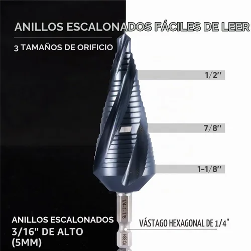 Vista 8 de toolant M35 Broca escalonada de cobalto, 1/4"-1-1/8", TiAlN, vástago
