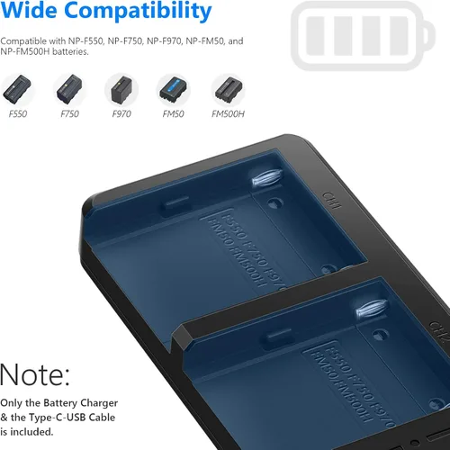 Vista 6 de Neewer Cargador USB dual compatible con batería de cámara Sony NP-F970 NP-F960 NP-F950 NP-F930 NP-F770 NP-F750 NP-F570 NP-F550, cargador de batería